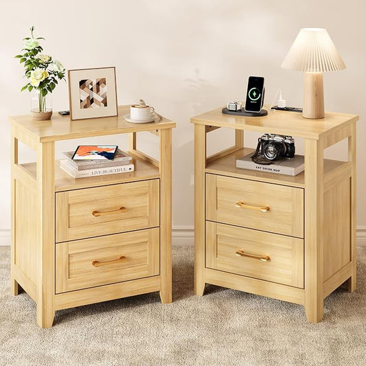 Decofy Farmhouse Nightstand with Charging Station, Modern End Tables with 2 Drawers & Open Shelf, Outlets, USB Ports and Type-C Ports, Wood Rustic Nightstands for Bedroom (2 Pack, Oak)