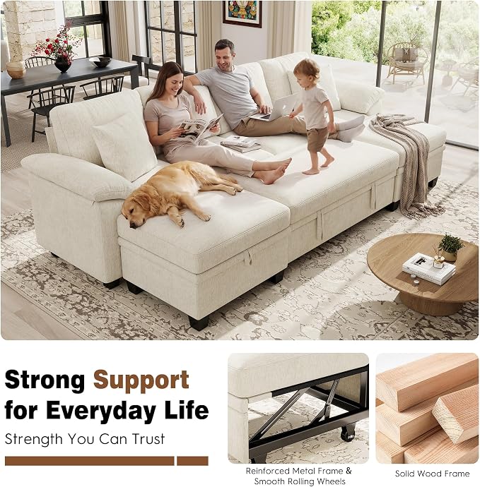 Ihanherry 108" Modular Sectional Sofa with Pull Out Bed, 6-Seater U Shaped Sectional Sleeper Couch with Storage Ottoman, Chenille Convertible Couches for Living Room, Apartment (Beige)
