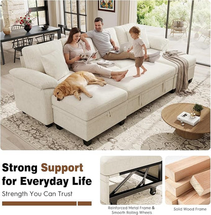 Ihanherry 108" Modular Sectional Sofa with Pull Out Bed, 6-Seater U Shaped Sectional Sleeper Couch with Storage Ottoman, Chenille Convertible Couches for Living Room, Apartment (Beige)