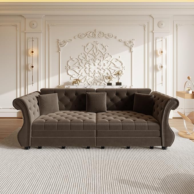 97.6" Oversized Pull Out Sofa Bed, Chesterfield Velvet Sleeper Sofa Couch with Roll Arm & Flower Tufting, Heavy Duty Metal Frame Convertible Sofa for Living Room, Apartment, Guest Room, Brown
