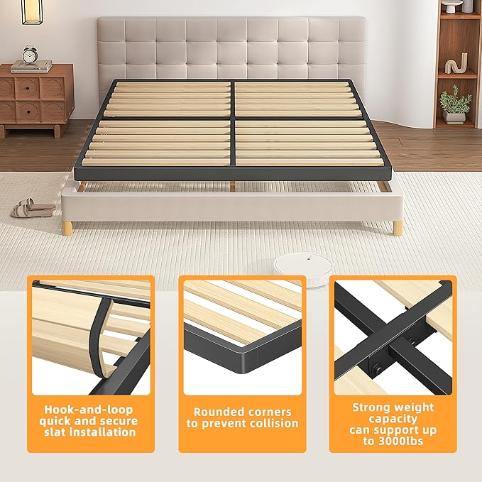 VIPSHOW 2 Inch Wood Slat California King Box Spring with Round Corners - 3000 lbs Capacity, Low Profile Bed Slat Replacement Bunkie Board with Metal Frame, Noise-Free, Easy Assemble, Black