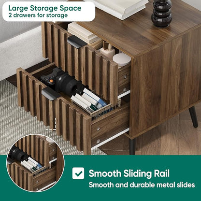 Smuxee Walnut Wooden Night Stand Set of 2, Mid Century Nightstand with 2 Fluted Drawers, Bedside Table with Open Shelf, Modern End Side Table for Bedroom