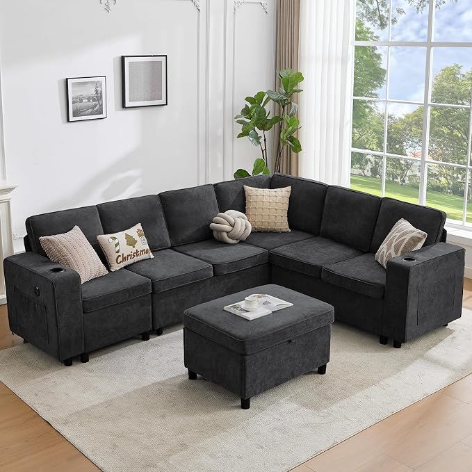 107 Inch Sectional Sleeper Sofa with Pull Out Bed, 7 Seat U Shaped Modular Sectional Sofa with Storage Ottoman, USB Port & 6 Pillows, Sectional Couches for Living Room & Apartment, Modular Couch,Black