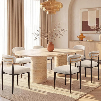 Morden Fort Upholstered Dining Chairs Set of 2, Modern Boucle Kitchen Chairs with Curved Backs and Black Metal Legs for Dining Room and Kitchen, White