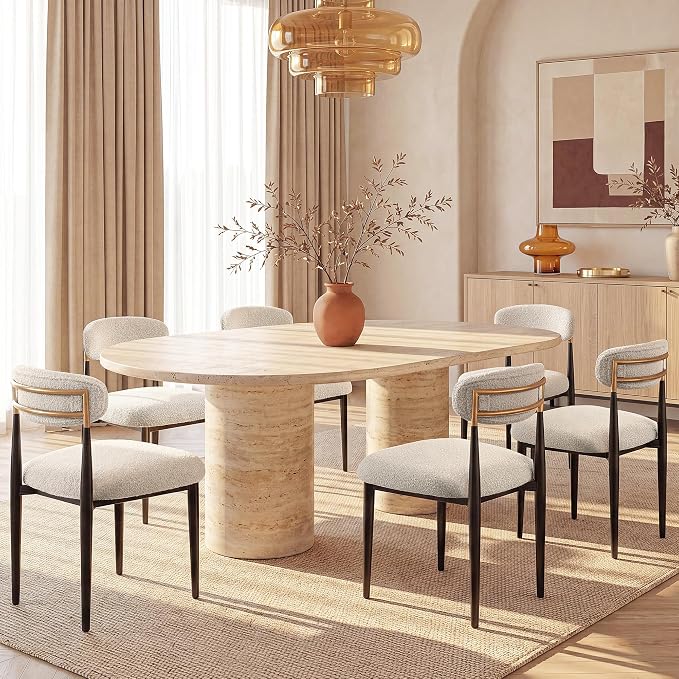 Morden Fort Upholstered Dining Chairs Set of 6, Modern Boucle Chairs with Gold Metal Frame, Armless Kitchen Chairs for Dining Room and Apartment, White