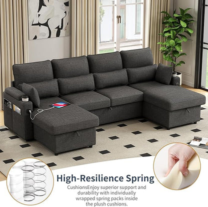 L-Shaped Sectional Sofa with Storage, Reversible Sleeper Sofa Couch with Chaise, Soft Fabric Upholstered Modular Couch with Cup Holder & Side Pockets, 1000lbs Capacity for Living Room
