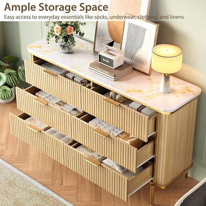 Fluted 6 Drawers Dresser for Bedroom, 55" Wide Modern Vertical Chest with Faux Marble Top, Dresser TV Stand, Wood Drawer Organizer for Living Room, Hallway
