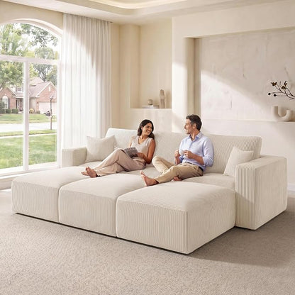 Modular Sectional Sofa Bed with Chaise, 115" Memory Foam Cloud Couch, Boneless Corduroy Upholstered Floor Couch, No Assembly Required Living Room Furniture for Apartment Home, Beige