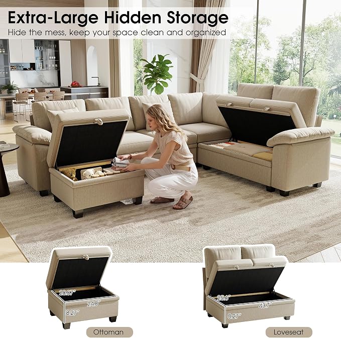 107.8" Modular Sectional Sleeper Sofa with Pull Out Bed, U Shaped 7 Seat Couch with 221L Storage, Convertible Cloud Couch Bed with Ottoman, Sectional Couches for Living Room, Apartment (Sand)