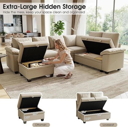 107.8" Modular Sectional Sleeper Sofa with Pull Out Bed, U Shaped 7 Seat Couch with 221L Storage, Convertible Cloud Couch Bed with Ottoman, Sectional Couches for Living Room, Apartment (Sand)