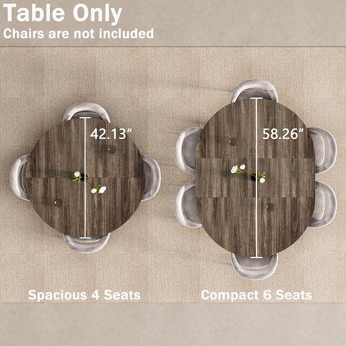 42"-58" Extendable Round Dining Table for 4-6, Kitchen Oval Table with Hidden Leaves & Storage Shelf, Space Saving Modern Design with Sturdy Metal Legs for Kitchen, Dining Room & Small Apartments
