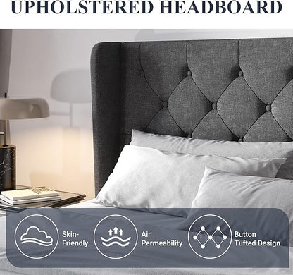 Allewie King Size Upholstered Platform Bed Frame with Wingback and Button Tufted Headboard for Reading, Strong Wood Slat Support, Modern Design, Easy Assembly, Dark Grey