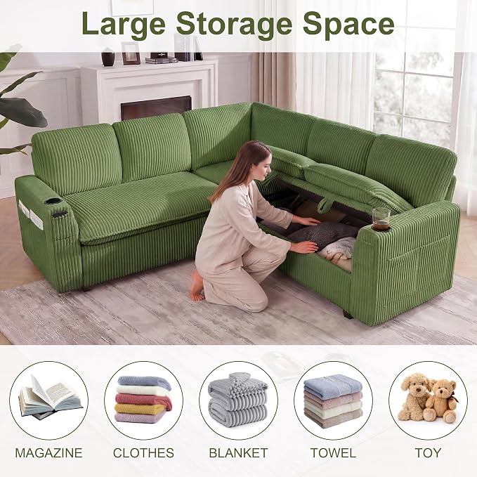 Sectional Sleeper Sofa with Pull Out Bed, Plush Corduroy 5 Seat Modular Sectional Sofa with Storage Chaise and Adjustable Backrest, Cloud Couches for Living Room, Apartment, Green
