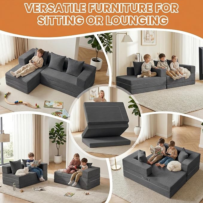 Boneless Couch Small,Convertible Sleeper Sofa Bed, Modular Sectional Sofa, Modern Tri-Folding Cloud Couch with L-Shape Chaise, Corduroy Futon Couches for Small Spaces Apartment,No Assembly
