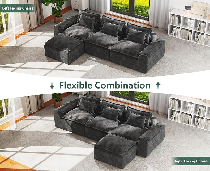 Hobestluk 120" Cloud Modular Sectional Couch 3-Seater Sofa with Ottoman L Shaped Sofa with Removable Cover Large Sofa Couch for Living Room (Dark Grey, 3-Seater Sofa with One Ottoman)