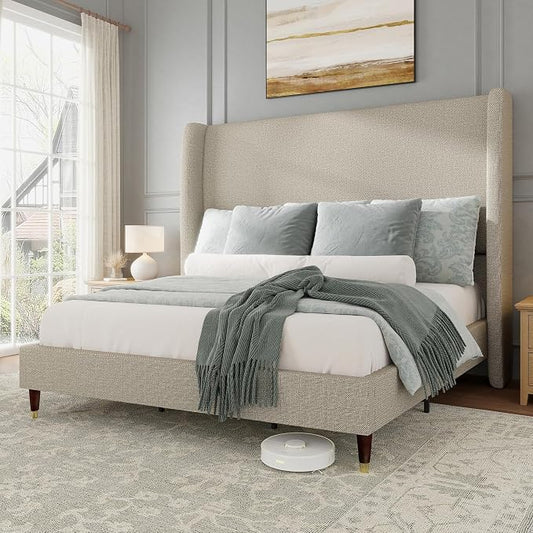 Jocisland Queen Size Bed Frame 51.2" Wingback Headboard Linen Upholstered Platform Bed,Solid Wood Legs & Wooden Slats,No Box Spring Needed,Noise-Free,for Family Guest Room Cozy Home,Brown