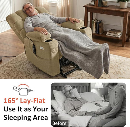MCombo Triple Motor Lay Flat Power Lift Recliner Chair for Tall Elderly, Infinite Position, Massage, Dual Heating, Adjustable Headrest, Fabric 7634 (Beige, Large)