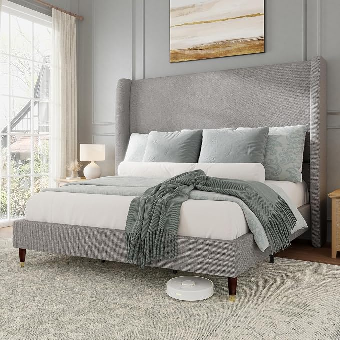 Jocisland Full Bed Frame 51.2" Wingback Headboard Linen Upholstered Platform Bed,Solid Wood Legs & Wooden Slats,No Box Spring Needed,Noise-Free,for Teen Room Small Bedroom Cozy Home,Light Grey