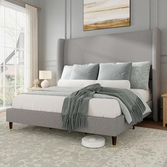 Jocisland Full Bed Frame 51.2" Wingback Headboard Linen Upholstered Platform Bed,Solid Wood Legs & Wooden Slats,No Box Spring Needed,Noise-Free,for Teen Room Small Bedroom Cozy Home,Light Grey