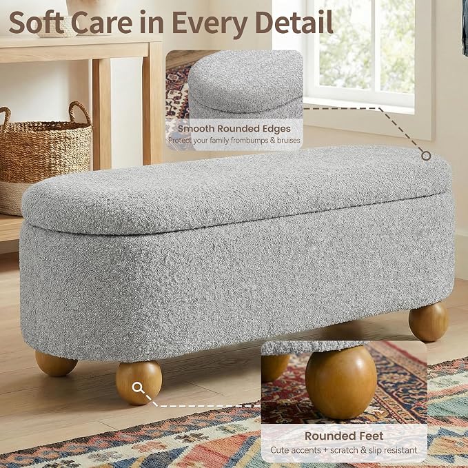 VKNOW 44.8" Storage Ottoman Bench End of Bed Bench, Thickened Upholstered Blanket Chest for Living Room, Entryway Bench with Cute Spherical Solid Wood Stool Legs for Bedroom, Grey