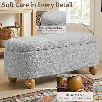 VKNOW 44.8" Storage Ottoman Bench End of Bed Bench, Thickened Upholstered Blanket Chest for Living Room, Entryway Bench with Cute Spherical Solid Wood Stool Legs for Bedroom, Grey