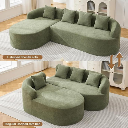 Boneless L Shaped Sofa Couch, Oversized Sectional Curved Cloud Sofa with Chaise Lounge, Chenille 4 Seats Deep Seat Couches for Living Room, No Assembly, Green