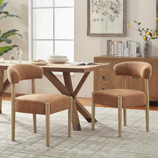 VKNOW Wooden Dining Chairs Set of 2 with Curved Open Back, Orange | Natural Rubberwood Legs, Soft Chenille Fabric, Thickened Cushion, For Adults and Family, Dining Room, Kitchen, No Wobble