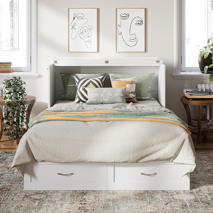 AFI Hamilton Full Murphy Bed Chest with Mattress, Storage, and Built-in Charger in White