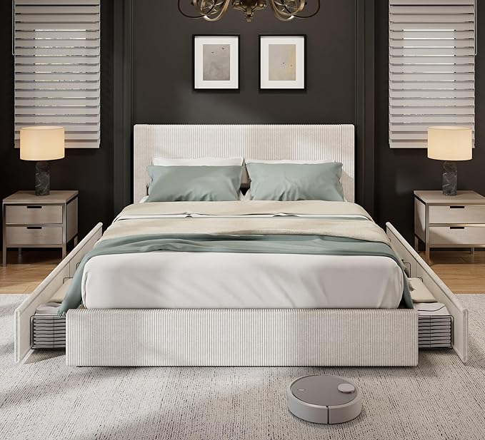 IDEALHOUSE Queen Bed Frame with 4 Storage Drawers, Corduroy Upholstered Bed Frame with Tufted Wingback Headboard, Strong Wooden Slats Support, No Box Spring Needed, Beige