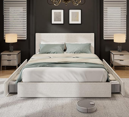 IDEALHOUSE Queen Bed Frame with 4 Storage Drawers, Corduroy Upholstered Bed Frame with Tufted Wingback Headboard, Strong Wooden Slats Support, No Box Spring Needed, Beige