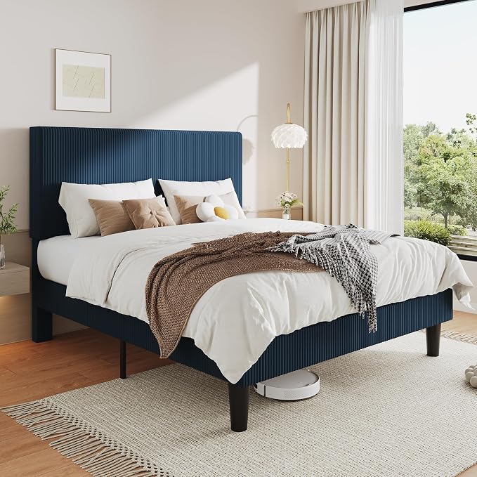 Allewie Queen Size Upholstered Bed Frame with Vertical Channel Tufted Headboard, Soft Corduroy Fabric Platform Bed, Strong Wooden Slats Support, Easy Assembly, No Box Spring Needed, Dark Blue