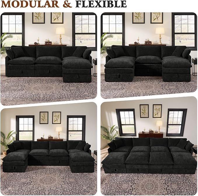 Ihanherry 103” Modular Sectional Sofa with Storage, U Shaped Cloud Couch with Movable Ottomans & 4 Pillows, Chenille Deep Seat Sectional Couches for Living Room, Apartment (Black)