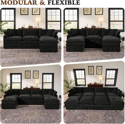 Ihanherry 103” Modular Sectional Sofa with Storage, U Shaped Cloud Couch with Movable Ottomans & 4 Pillows, Chenille Deep Seat Sectional Couches for Living Room, Apartment (Black)