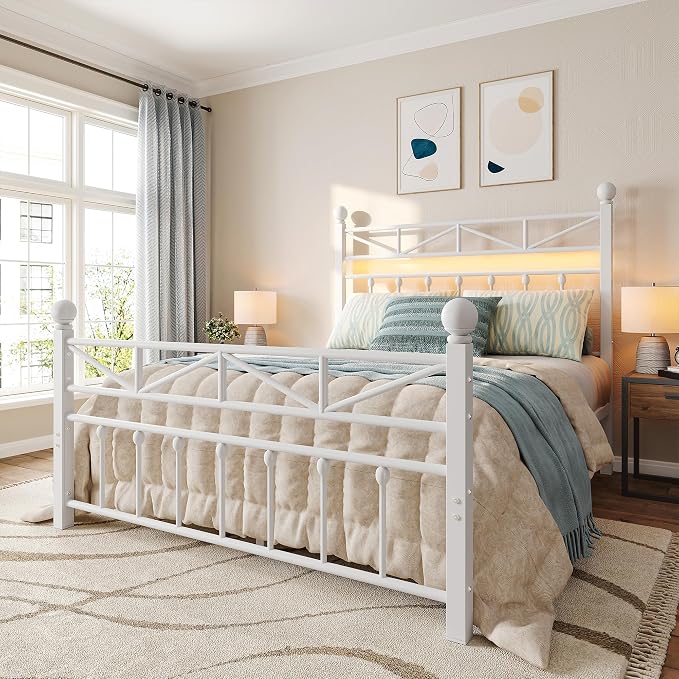 EnHomee 14.2" Metal Full Size Bed Frame with Tall Headboard & Footboard, LED Light Full Bed Frame, Strong Slats Support and Noise-Free Design with Under Bed Storage/No Box Spring Needed/White