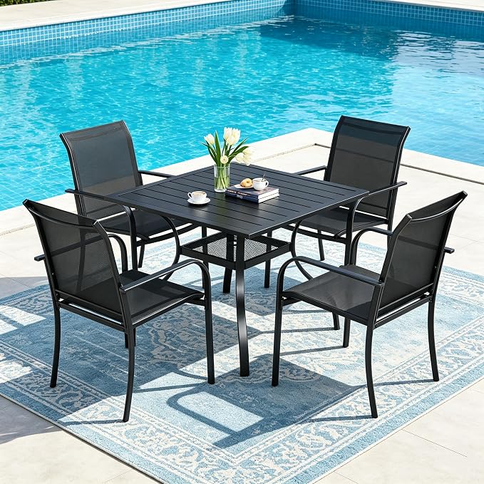 SUNCROWN 5 Pieces Outdoor Dining Set, Patio Furniture Set with 4 x Textilene Dinning Chairs and 1 Steel Slat Metal Bistro Table for Lawn Garden Backyard Poolside Deck, Black