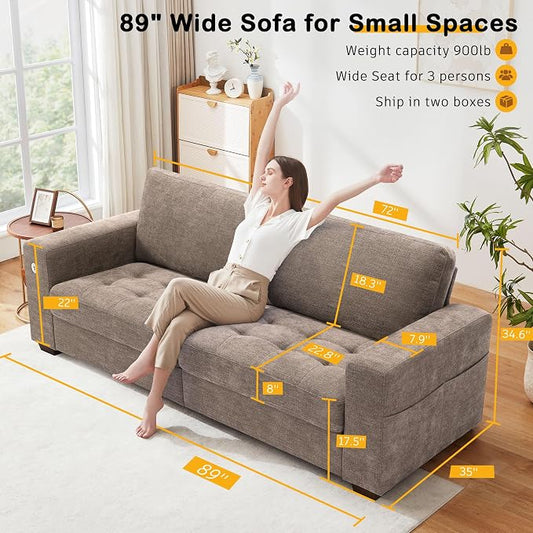 Hanherry Sofa for Living Room, Modern Comfy Sofa with Medium Firm Seat Cushion, Removable Cover,Wide Armrest,USB/Type-C Port,Chenille Fabric Couches for Small Space,Apartment (Brown, 89 inch)