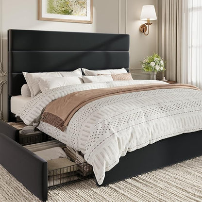 SHA CERLIN Queen Size Platform Bed Frame with 4 Storage Drawers, Velvet Upholstered Headboard, Mattress Foundation with Wooden Slats Support, No Box Spring Needed, Easy Assembly, Black