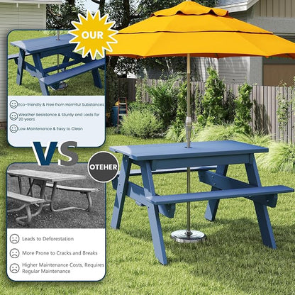 FOOWIN Kids 3-in-1 Sand & Water Table,HDPE Outdoor Convertible Picnic Table w/Detachable Tabletop, for Outdoor Backyard Patio Play Blue