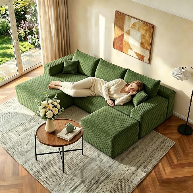 JINGLING 94" U Shaped Boneless Sectional Couch Set for Living Room, Plush Corduroy Modular Sofa with Ottoman, Small Space Apartment Couch, No Assembly, Left Facing Chaise, Green