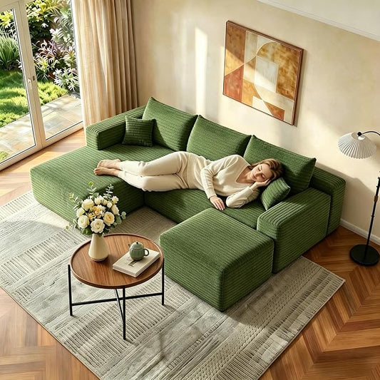 JINGLING 94" U Shaped Boneless Sectional Couch Set for Living Room, Plush Corduroy Modular Sofa with Ottoman, Small Space Apartment Couch, No Assembly, Left Facing Chaise, Green