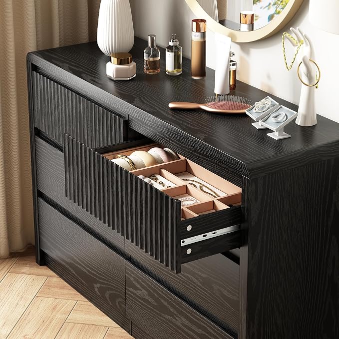 LYNSOM 6 Drawer Dresser for Bedroom, 50" Wide Fluted Dresser with Curved Corners, Wood Dressers & Chests of Drawers with Dual-Panel Design for Bedroom, Entryway, Black