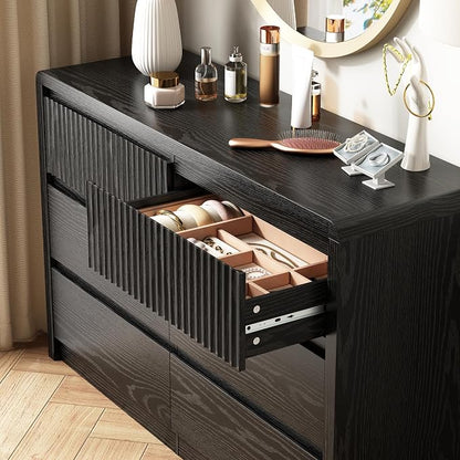 LYNSOM 6 Drawer Dresser for Bedroom, 50" Wide Fluted Dresser with Curved Corners, Wood Dressers & Chests of Drawers with Dual-Panel Design for Bedroom, Entryway, Black