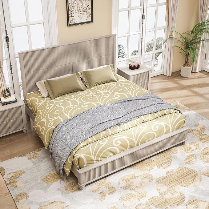 3-Pieces Bedroom Sets, King Size Platform Bed with 2 Nightstands, Solid Wood Platform Bed Frame with Tall Headboard and Classic American Turned Legs (Beige-5.25, King)