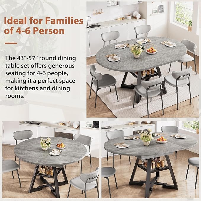Expandable Kitchen Dining Table for 4-6, Oval Round Dining Table with Storage Shelf and Removable Extension Leaf, Space Saving Pedestal Table for Dining Room, Modern Industrial Style (Grey)
