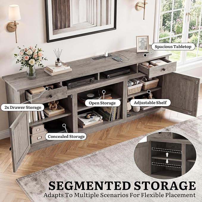 YITAHOME 70" Farmhouse TV Stand for 75/80 Inch TVs, Entertainment Center with Drawers, Adjustable Shelves & Built-in Power Outlet, Stable Anti-Tip TV Console Cabinet for Living Room, Washed Grey