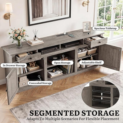 YITAHOME 70" Farmhouse TV Stand for 75/80 Inch TVs, Entertainment Center with Drawers, Adjustable Shelves & Built-in Power Outlet, Stable Anti-Tip TV Console Cabinet for Living Room, Washed Grey