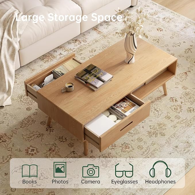 100% Solid Wood Coffee Table for Living Room, 39.37'' W Mid-Century Modern Coffee Table with Storage Shelf and 2 Drawers, Oak Coffee Tables for Home (Original Wood Color)