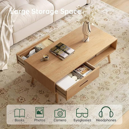 100% Solid Wood Coffee Table for Living Room, 39.37'' W Mid-Century Modern Coffee Table with Storage Shelf and 2 Drawers, Oak Coffee Tables for Home (Original Wood Color)
