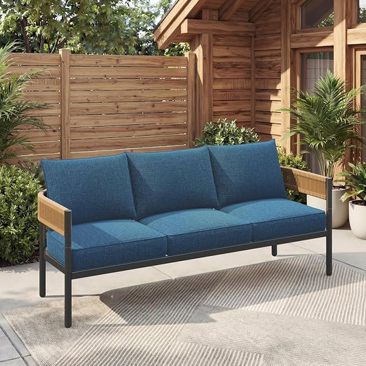 Gand Patio Outdoor 3-Seat Couch Sofa, Wicker Conversation Set with Thick Cushion for Porch, Garden, Yard (Peacock Blue)