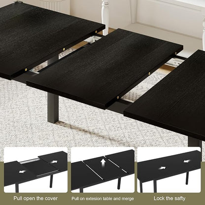 Feonase 63 Inch Extendable Kitchen Table, Modern Farmhouse Dining Table for 4-8, Wooden Dining Room Table for Small Space, Dining Room, Home Office, Living Room Furniture,Black